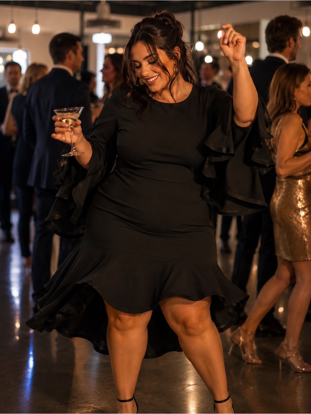 NWT Ashley Stewart Black Ruffle Sleeve/Hem Cocktail Party Dress (14/16)